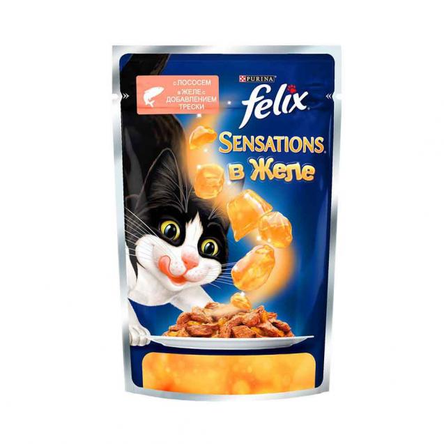 Purina Felix Sensations Пауч для кошек с лососем и треской в желе