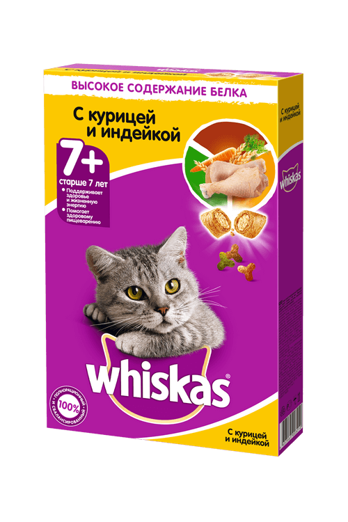 Whiskas 7+ Сухой корм для кошек старше 7 лет с курицей и индейкой 0,35 кг