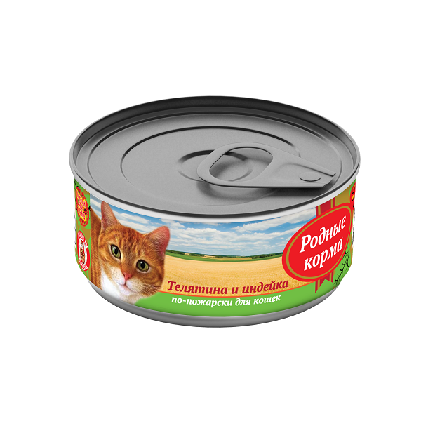 Родные корма Телятина и индейка по-пожарски консервы для кошек 0,1 кг