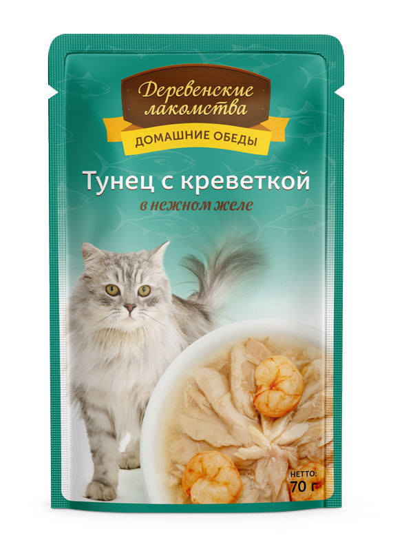 Деревенские лакомства Пауч для кошек с тунцом и креветкой в нежном желе 0,070 кг